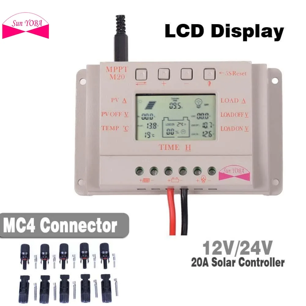 

MPPT Solar Charge Controller 20A LCD Display Solar Regulator 12V 24V + 5 pair MC4 M/F Safety Seal Ring Waterproof Connector