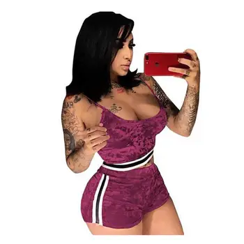 

USA Women Crop Top Blouse + Pants Jumpsuit Clubwear Bodycon Playsuit Solid Clothing Sets Polyester Velvet Sleeveless Wine Red