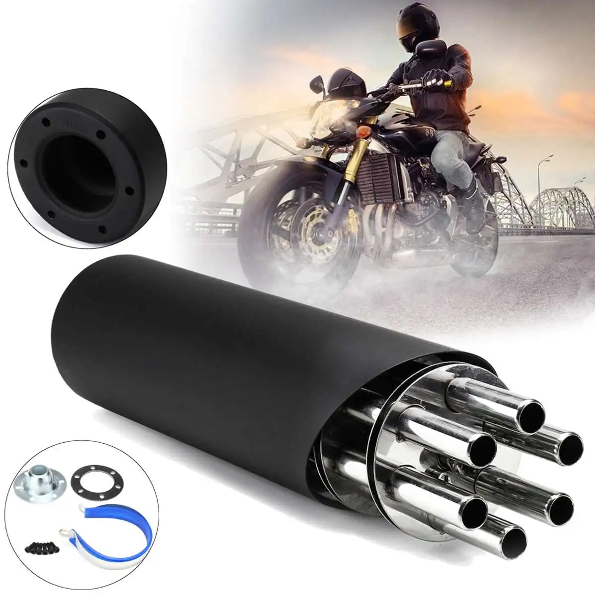 

100mm Rotating Slip-on Motorcycle Exhaust Vent Pipe Modify Motocross Muffler 6 Tubes For Motorcycle Scooter ATV Matt Black
