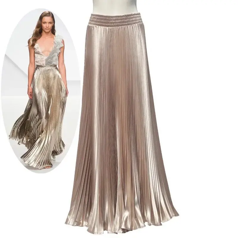 

Summer 2019 Womens New Arrival Designer Elegant Ladies Elastic Waist Pleated Beach Maxi Skirt Gold Sequined Skirts Female