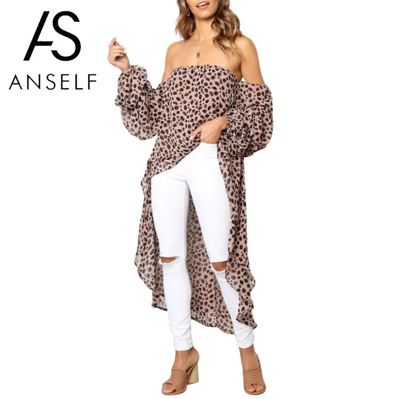 

Anself blusas mujer de moda 2019 Sexy Women Long Shirt Leopard Print Slash Neck Off Shoulder Irregular Hem Lantern Sleeve Tops