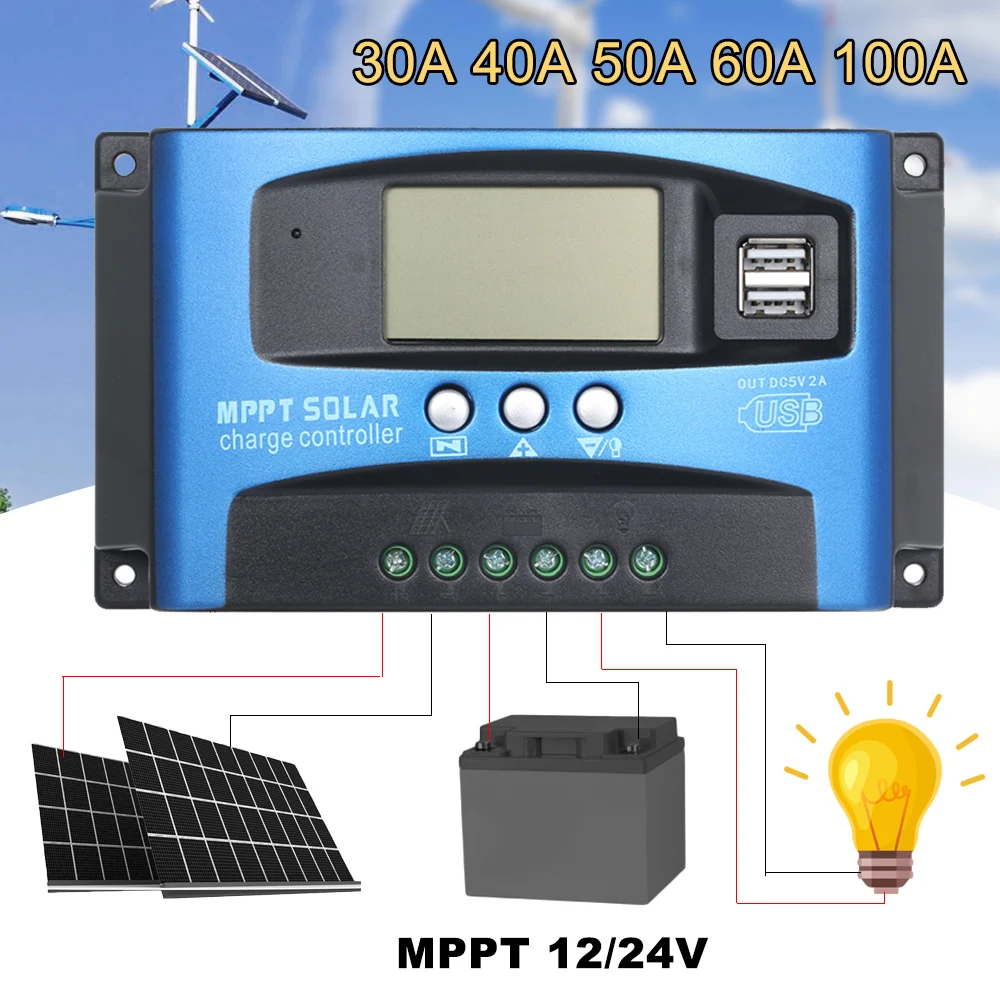 30/40/50/60/100A MPPT Контроллер заряда для фотоэлектрических систем, два USB выхода, ЖК-дисплей Дисплей Авто 12/24V солнечных батарей Панель Зарядное устройство регулятор