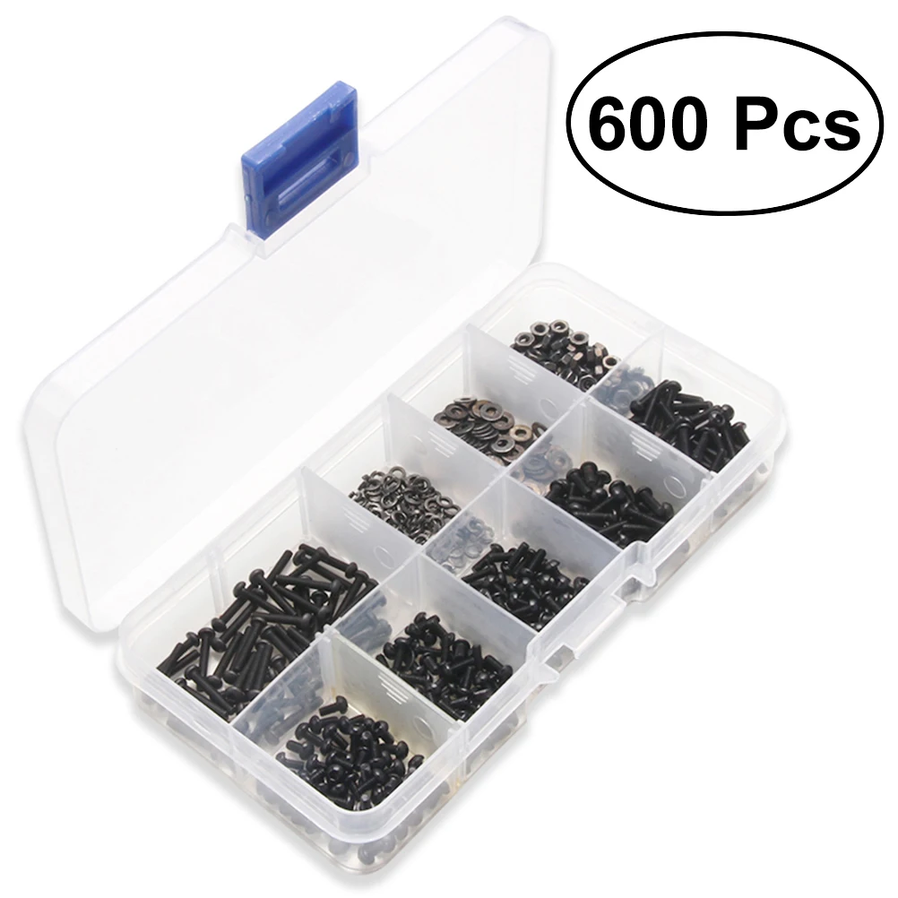 

600Pcs Hex Screws High Carbon Steel Hex Socket Cap Screws Gasket Assortment Set Kit with Storage Box for Fixed Spacing Screw