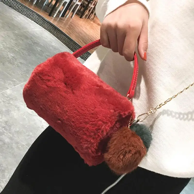 

Women Faux Fur Fluffy Ball Chain Cylinder Shape Messenger Bag Shoulder Bag