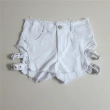 Г. летние пикантные Для женщин Джинсовые шорты выдалбливают бинты в стиле панк-рок Шорты с высокой талией танец бермуды Feminina черный, белый цвет синий W1708