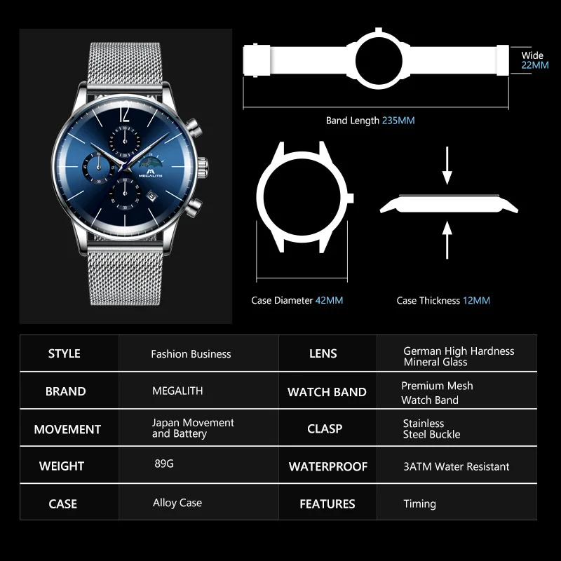 MEGALITH Men's Fashion Watches Blue Face Sport Waterproof Chronograph Wristwatch Classic Steel Mesh Clock Relogio Masculino MEGALITH Men's Fashion Watches Blue Face Sport Waterproof Chronograph Wristwatch Classic Steel Mesh Clock Relogio Masculino