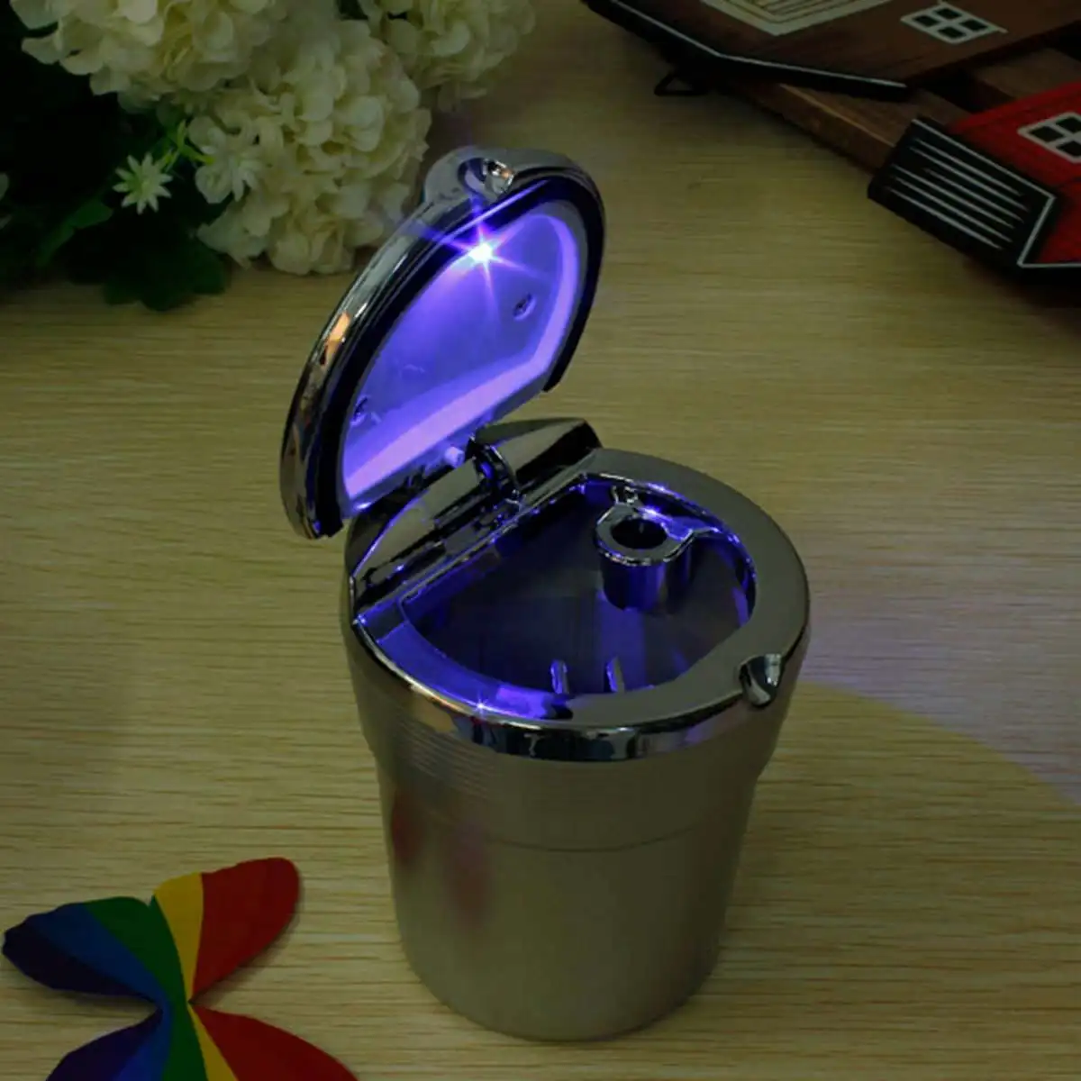 

Car Travel LED Blue Light Cigarette Ashtray Portable Holder Cup Silver