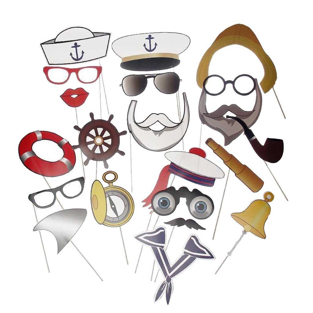 20pcs Funny Party Props Photo Booth Prop Kit Mask with Sticks Sailor Navy Maritime Birthday Party Decor Prank Photo Accessaries