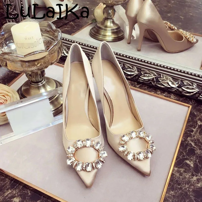 

New Size 33-43 Woman Metal High Heels Exquisite Crystal Square Buckle Pointed Toe Stilettos Slip-on Pumps Lady Party High Heels