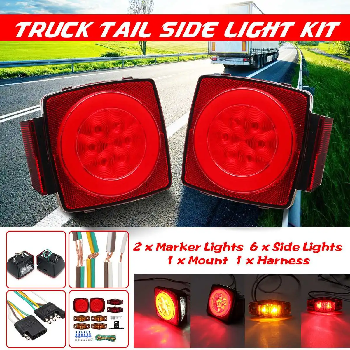 

Set 12V Car Truck Trailer Rear Brake Light Side Marker Lamps Tail Stop Turn Signal Lighting with Wire Harness Brackets