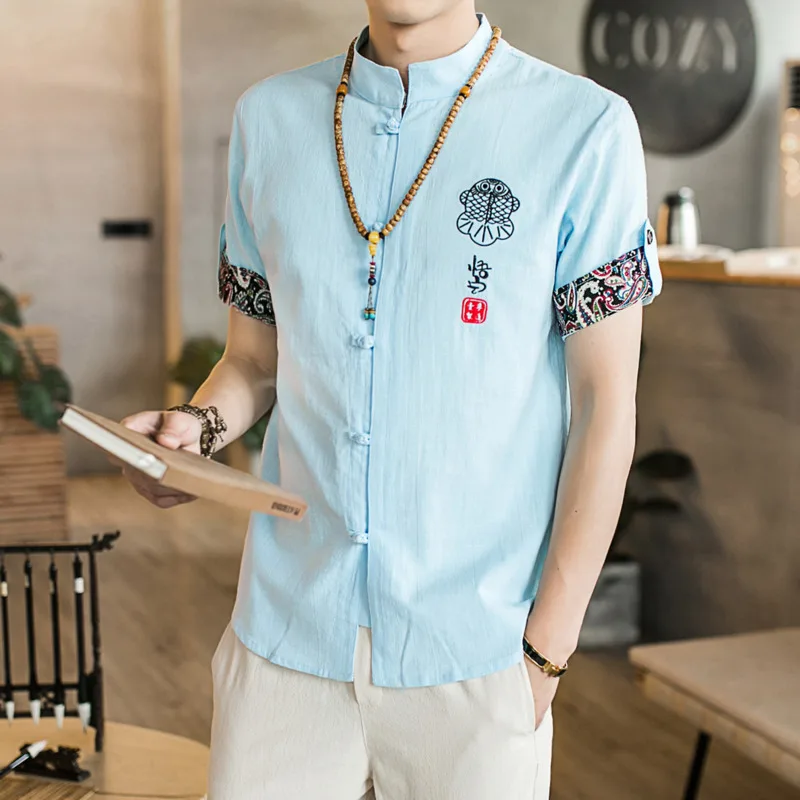 

#4536 Summer Stand Collar Chinese Style Shirt Men Short Sleeve Embroidery Casusal Vintage Shirts Slim Fit S-5XL Big Size Solid