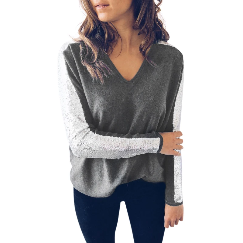 Fashion Women Casual Loose Tee Shirt V Neck Sequined Long Sleeve Sparkling Sexy T Shirt Female