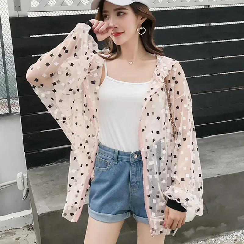 2019 New Summer Women Harajuku Loose Thin Hooded Pink Jacket Cardigan Coat Sun Protection Transparent Jacket Casaco Feminina