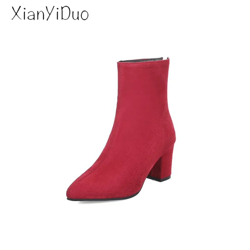 

xianyiduo flock Autumn Women's Shoes high Heel short boots ankle big size 40-45 short plush red zipper boots Block Heels /w19