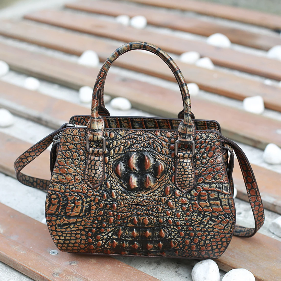 

High Quality Genuine Leather Shoulder Tote Messenger Handbag Crocodile Pattern Embossed Luxury Real Cowhide Women Top Handle Bag