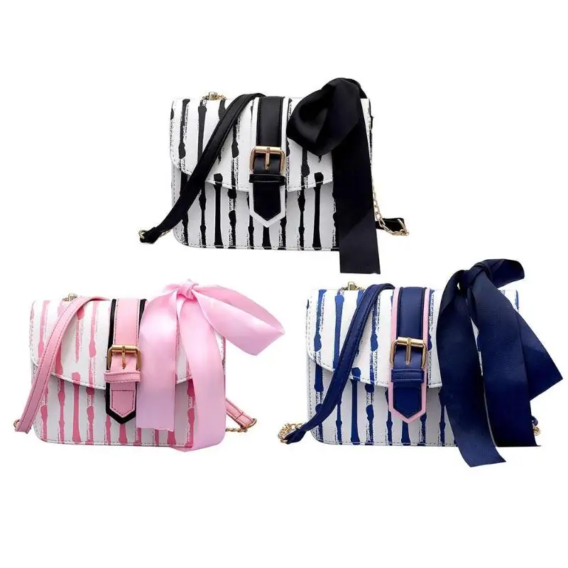

2019 Girls Shoulder Handbags Ribbons Bowknot Flap Bag Strip Patter Women's Bags Chains Shopping Crossbody Messenger Hand Bags