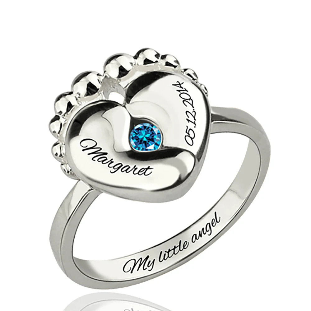 Sweey Wholesale Unique Jewelry Factory Customized Engraved Double Baby Feet with 2 Birthstones Ring for Women Valentines Gift