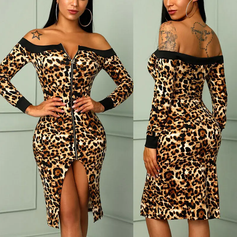 

NEW Women Sexy Off The Shoulder Long Sleeve Leopard Printed Zippers Bodycon Slim Vestido Evening Party Club Irregular Mini Dress