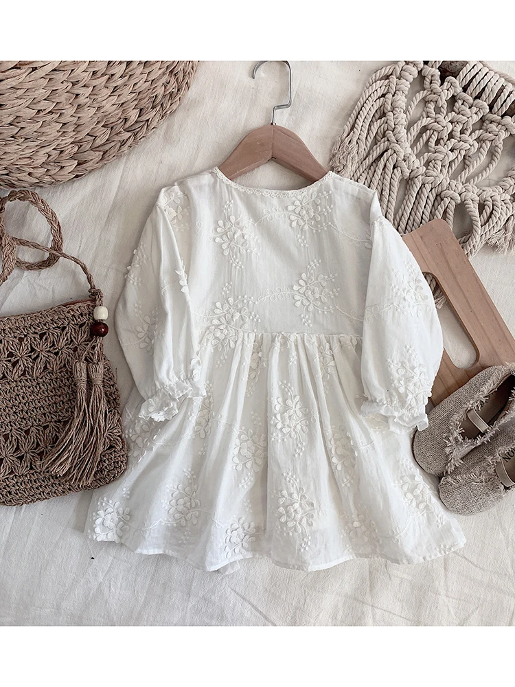 

Girls dress Spring Japanese New Literature And Art Fan Dress With Heavy Work Delicate Three-dimensional Flower Embroidery