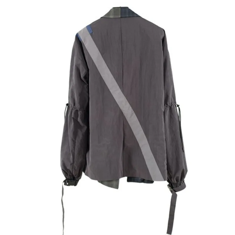 Plaid Longueur De Haute Spliced 2019 Cordon Manteau Bleu Nouvelles Vintage Printemps Femmes Qualité Mode Blue Navy Asymétrique ewq Lc175 z7wXX