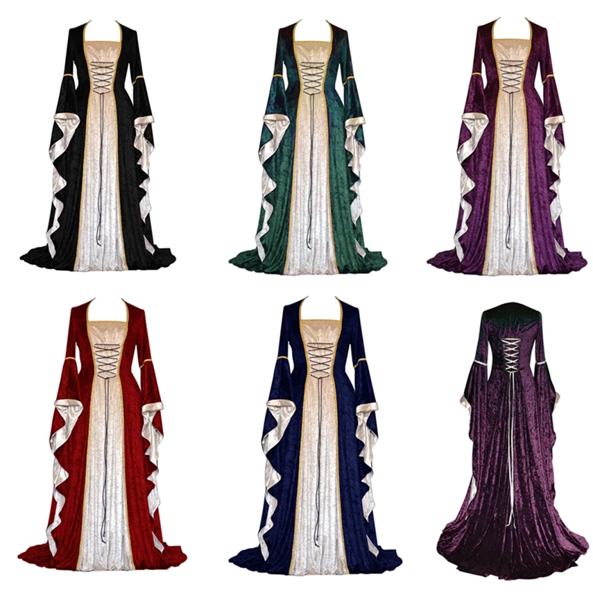 

5Color Women Medieval Dress Retro Court Noble Halloween Carnaval Costumes Gold Velvet Long Bell Sleeve Cosplay Princess Dresses