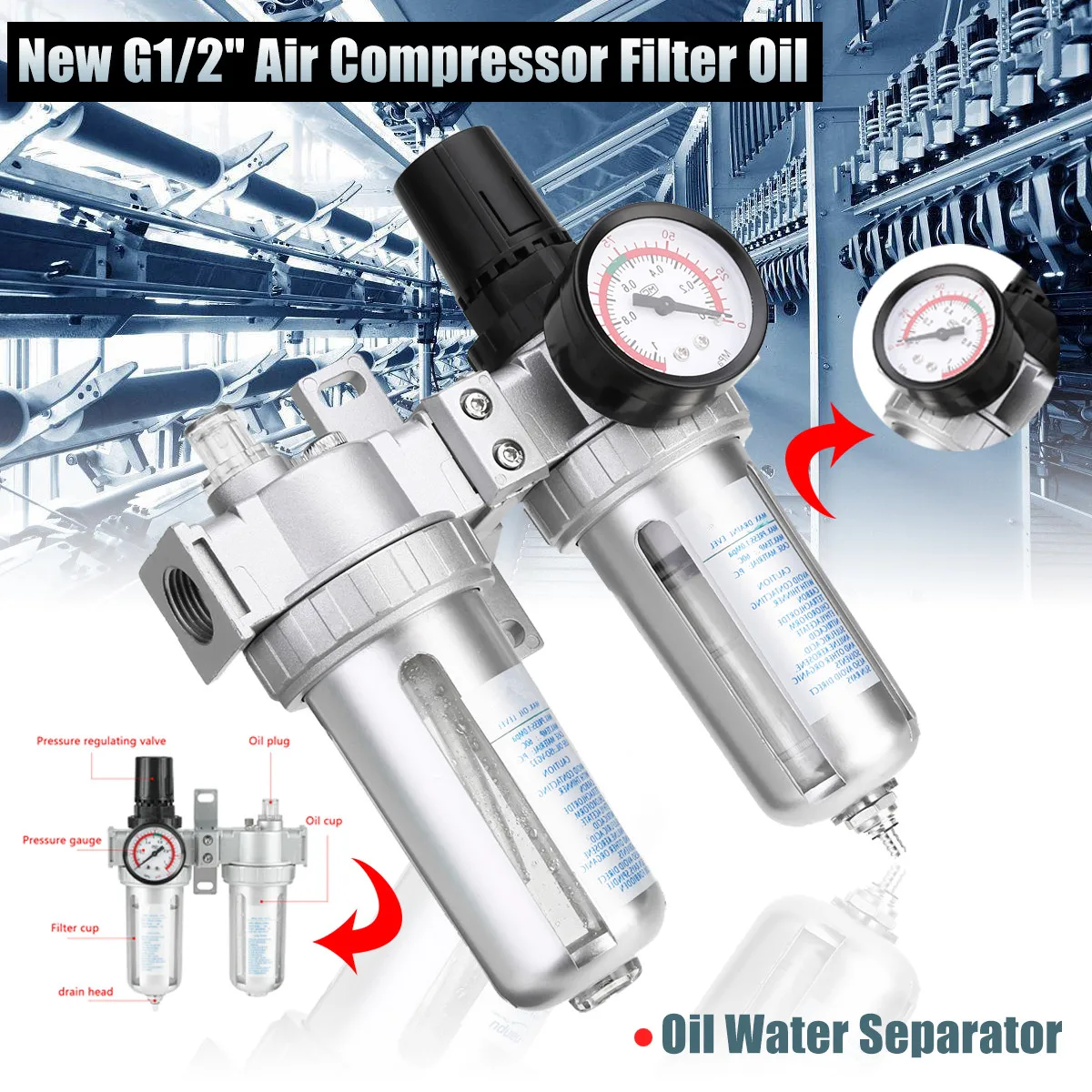 

Aluminum Alloy Oil Water Separator G1/2 inch Inlet Air Compressor Filter Oil Water Separator Trap With Regulator Gauge