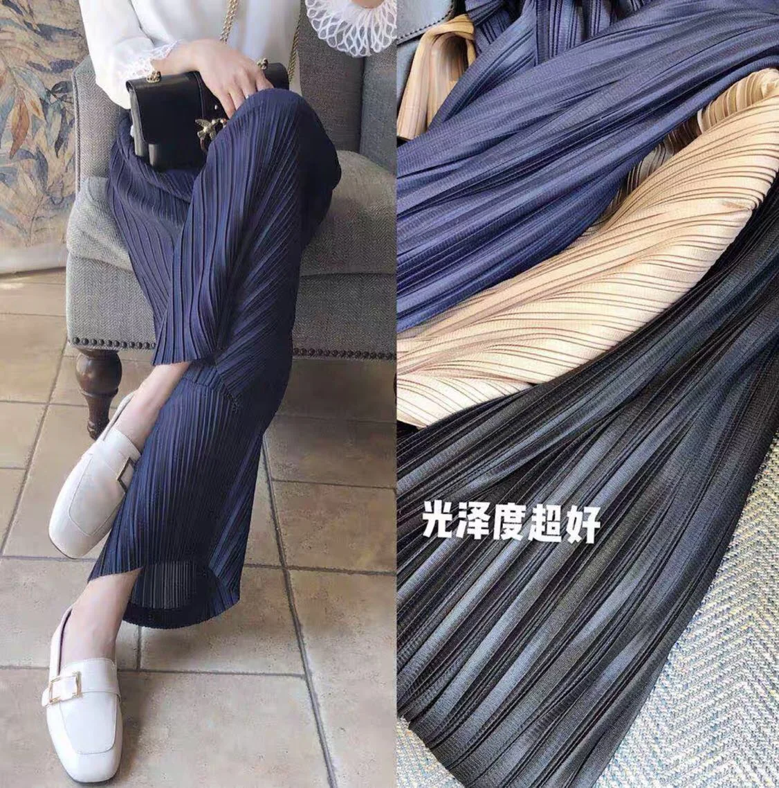 

Cool and Comfortable Japanese Thin Fold Straight Tube Broad Legs Hundred Folds Nine Points miyake pleated pant free shipping