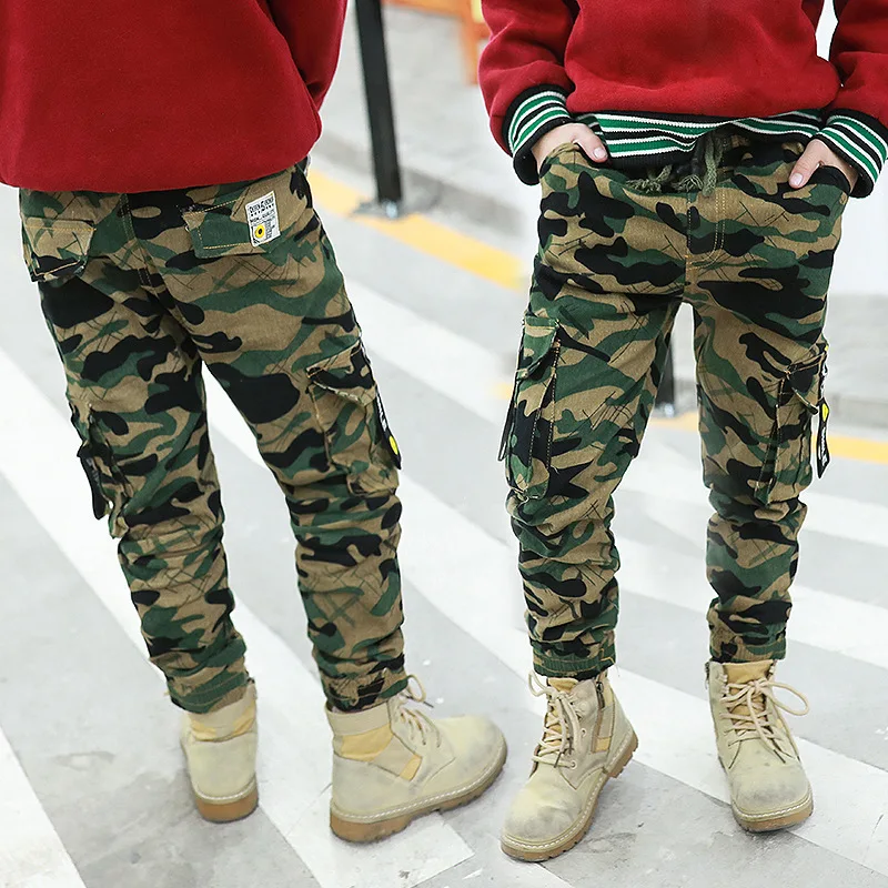

2018 Autumn Boys Cool Camouflage Trousers Kid Cotton High Waist Army Green Soild Elasticity Long Pants
