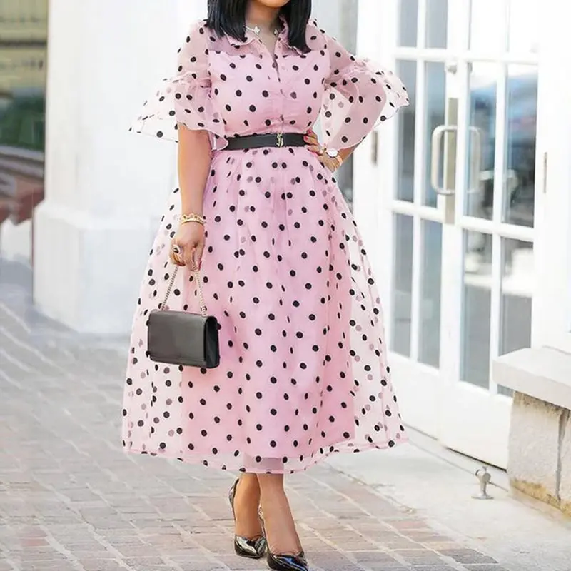 

Vintage Polka Dot Dress Elegant Women Summer 2019 Pink Flare Sleeve Casual Retro A Line Robe Big Swing Mesh Chic Midi Dresses
