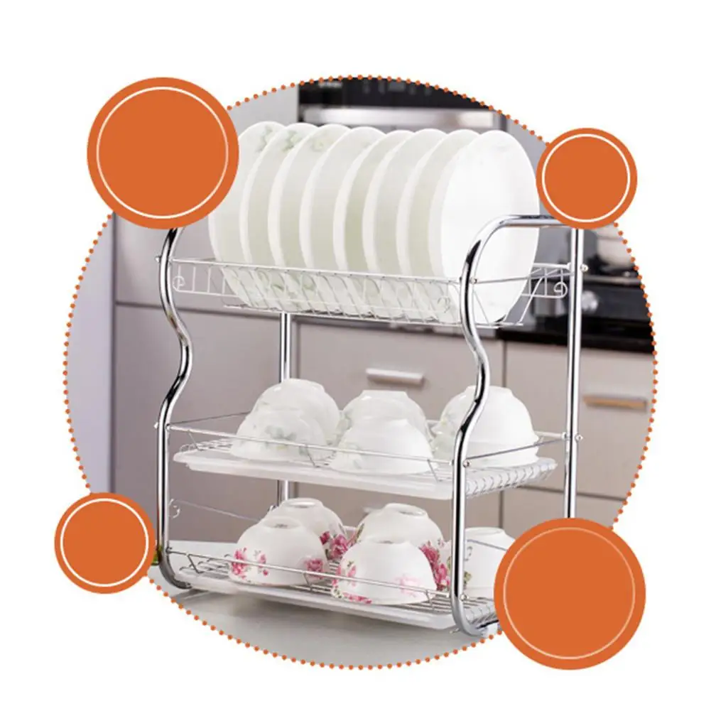 Мульти-Функция стеллаж для хранения из трех Слои Хромированная Пластина дренажная стойка для столовых приборов чашки блюдо стеллажи для выставки товаров 3-х уровневая Dishrack Кухня стеллаж для хранения
