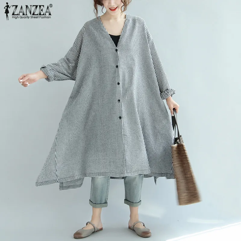 

ZANZEA 2019 Plus Size Women Plaid Dress Autumn V Neck Button Kimono Long Shirt Dresses Belt Casual Maxi Vestido Robe Femme 5XL