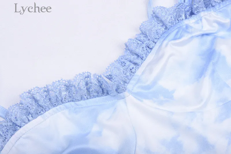 Lychee сексуальное голубое небо белые облака кружевное лоскутное платье на бретелях женское гофрированное выше колена Мини облегающее женское платье