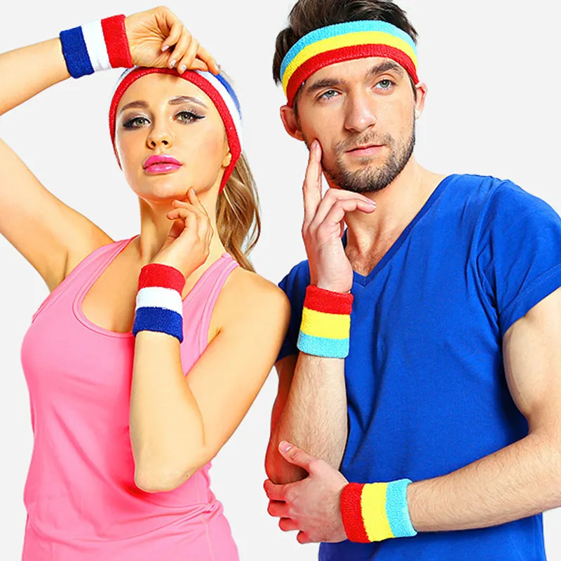 Для женщин и Для мужчин Красочные Sweatband хлопковые дышащие спортивные ленты для волос+ браслеты высокой эластичности, для бега фитнес тренажерный зал Йога лентой