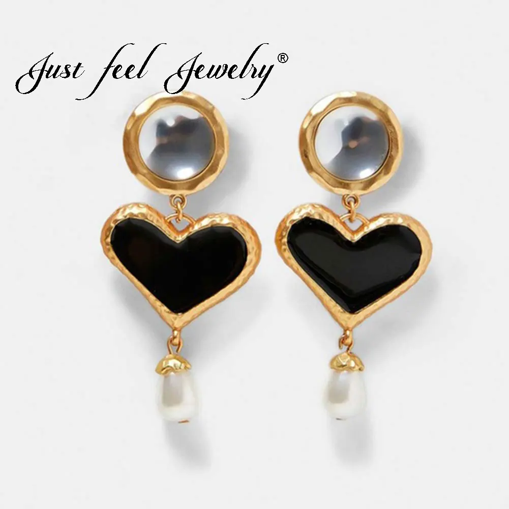 

JUST FEEL ZA Fashion Heart Big Drop Earrings For Women Vintage Dangle Simulated Pearl Statement Earrings Gold Color Maxi Jewelry