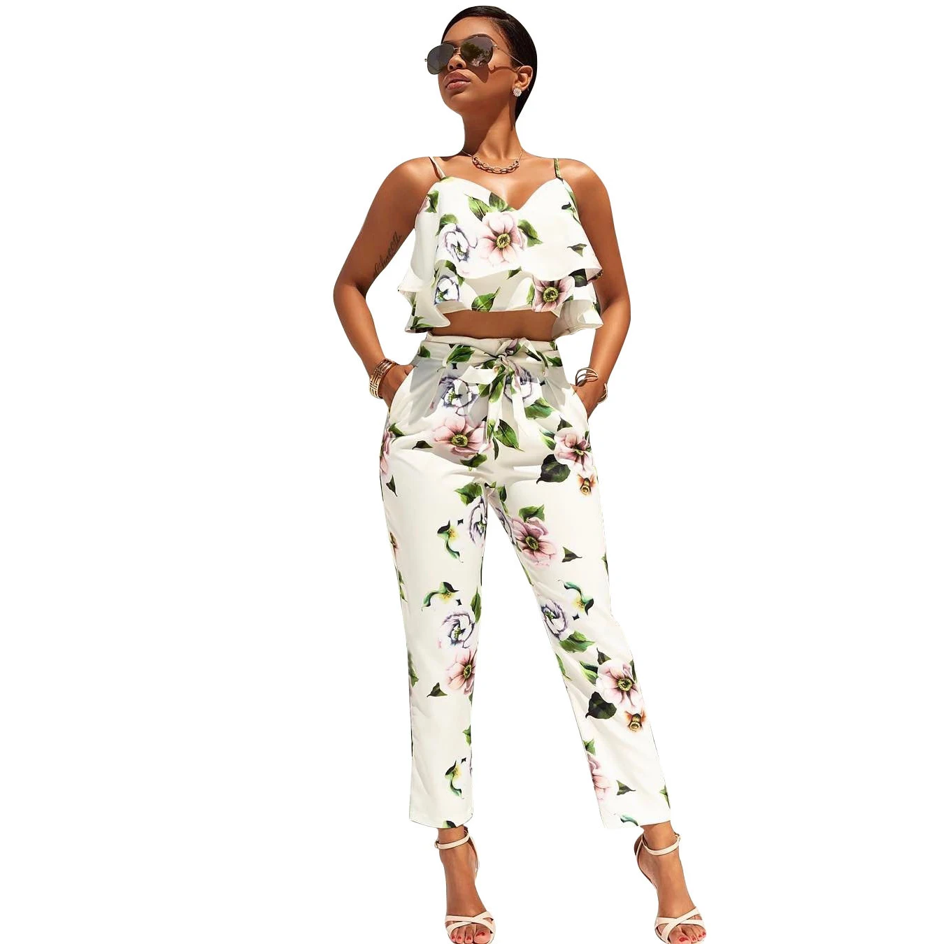 

Fashion Women Strapless Shoulder Off Ruffles Crop Top Shirts Pants Floral Printed Two Pieces Set
