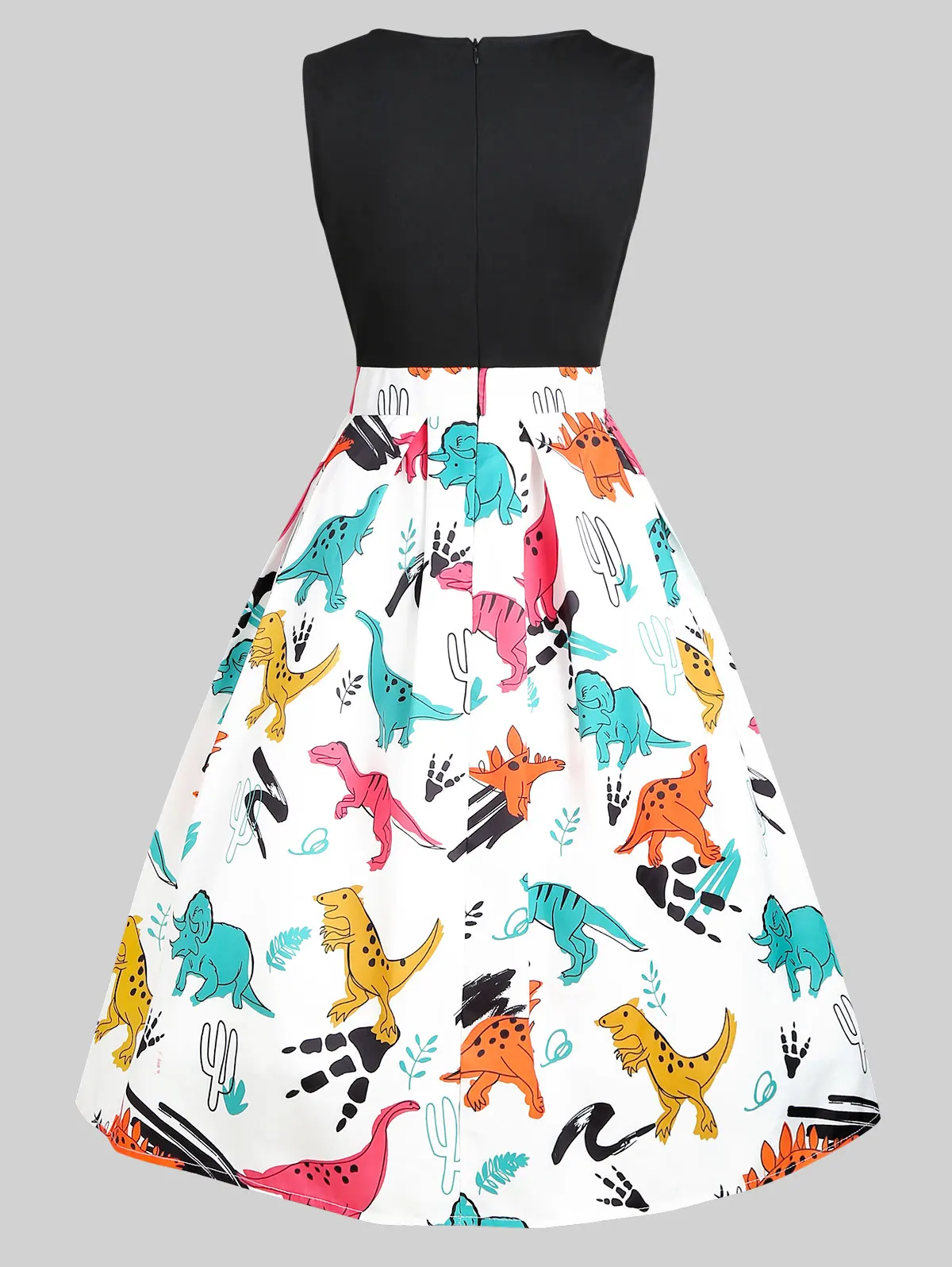 Женское винтажное платье без рукавов белое с круглым вырезом и принтом динозавра