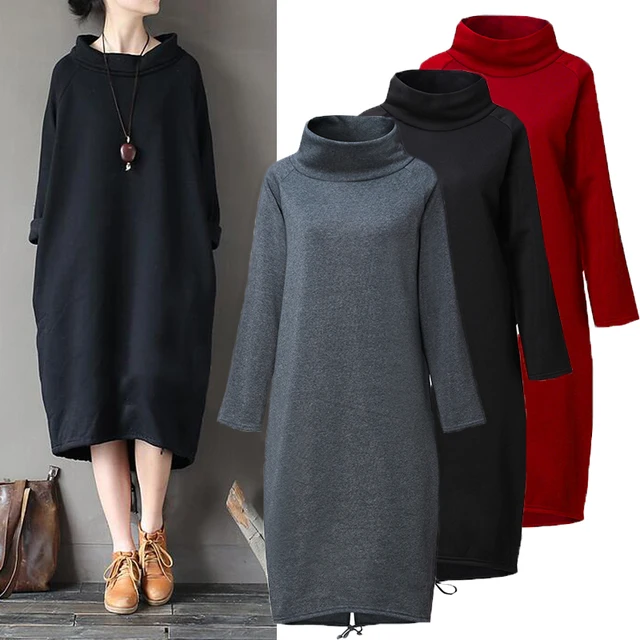 ZANZEA Autumn Winter Lady Turtleneck Sweatshirt Dress Women Long Sleeve