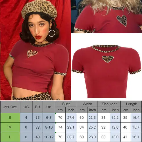 Sumemr футболки новые летние женские красные с коротким рукавом и О-образным вырезом с леопардовым принтом Сердце обтягивающие короткие футболки