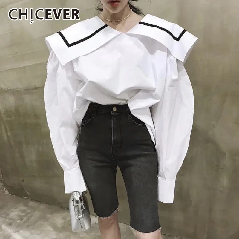 Летняя Повседневная однотонная белая женская рубашка CHICEVER с большим отворотом