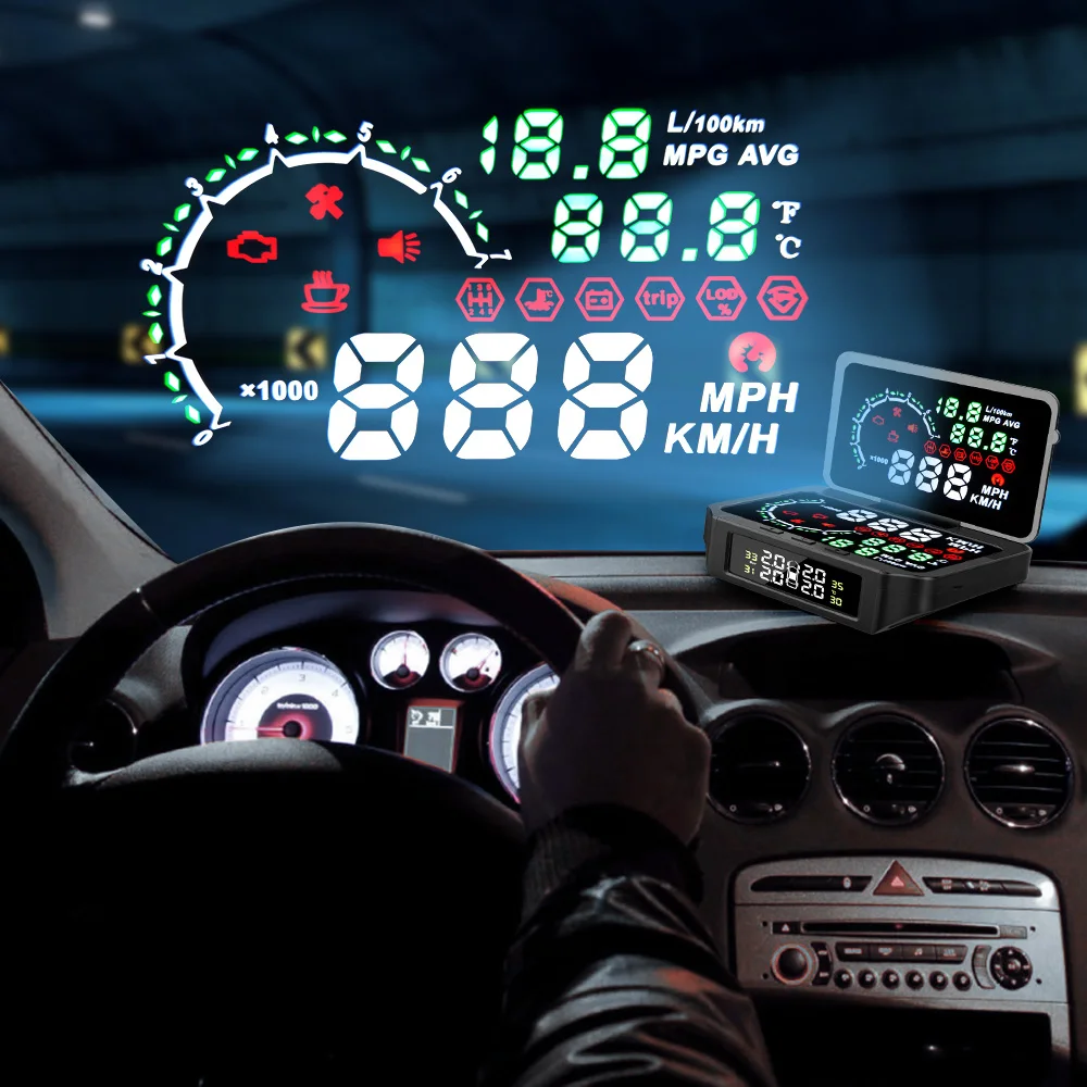

NEW 2 in 1 TPMS Sensor Temperature Tire Pressure Monitor System Digital HUD Head Up Display Car Excess Speed Alarm