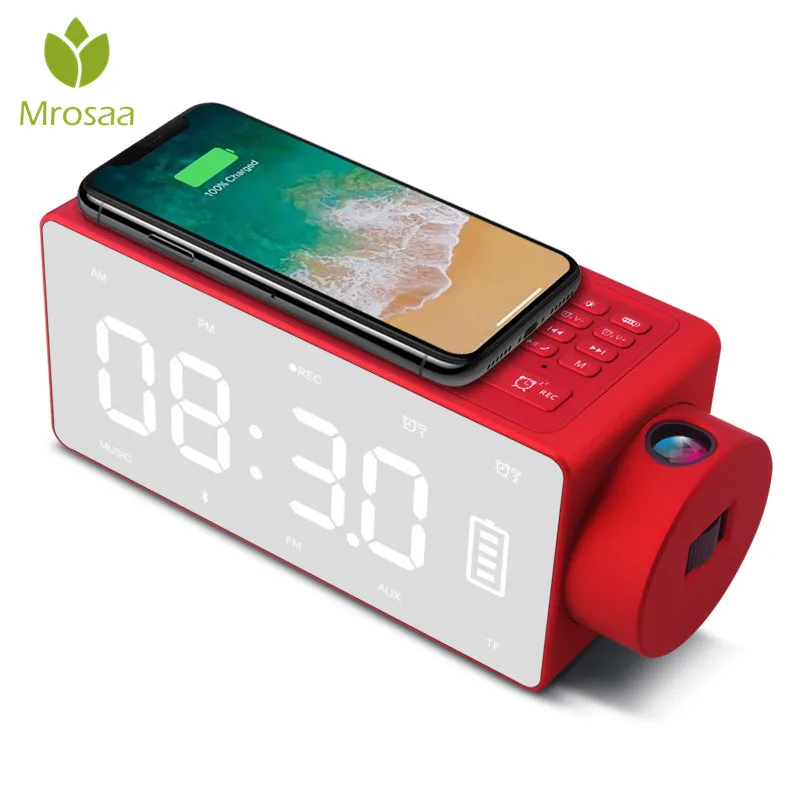 

Wireless Phone Charging Digital LED Alarm Clock bluetooth Speaker led Large Screen clock Projection Snooze FM Table Clocks