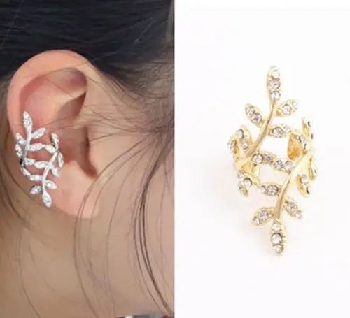 Fashion Silver Crystal Rhinestone Hook Wrap Ear Cuff Stud Earrings Golden
