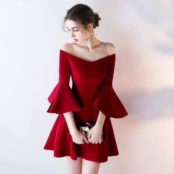 

2019 Spring New Pattern Birthday Party Small Short Slash Neck Dress Woman