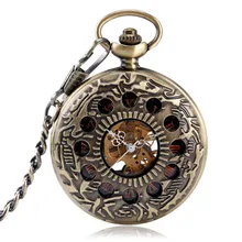 Retro Bronze Hollow Half Hunter Pocket Watch Mechanical Hand Winding Roman Numerals Display Vintage Pocket Pendant Clock Unisex Retro Bronze Hollow Half Hunter Pocket Watch Mechanical Hand Winding Roman Numerals Display Vintage Pocket Pendant Clock Unisex