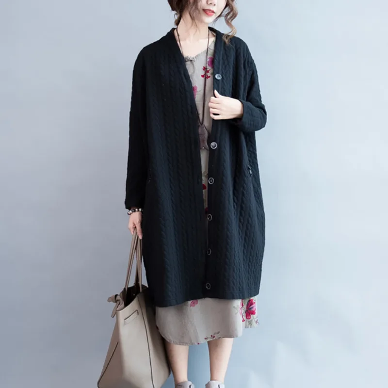 

[EWQ] New Spring 2019 Fashion Long Sleeve V-collar Single Breasted Patchwork Pockets Casual Long Loose Coat Women AC040