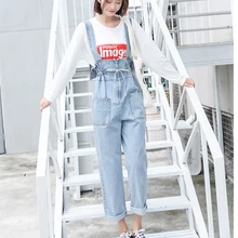 Светло-голубые джинсовые комбинезоны женские джинсы на подтяжках для женщин повседневные Ретро потертые передние карманы на лямках Широкие джинсовые комбинезоны для женщин