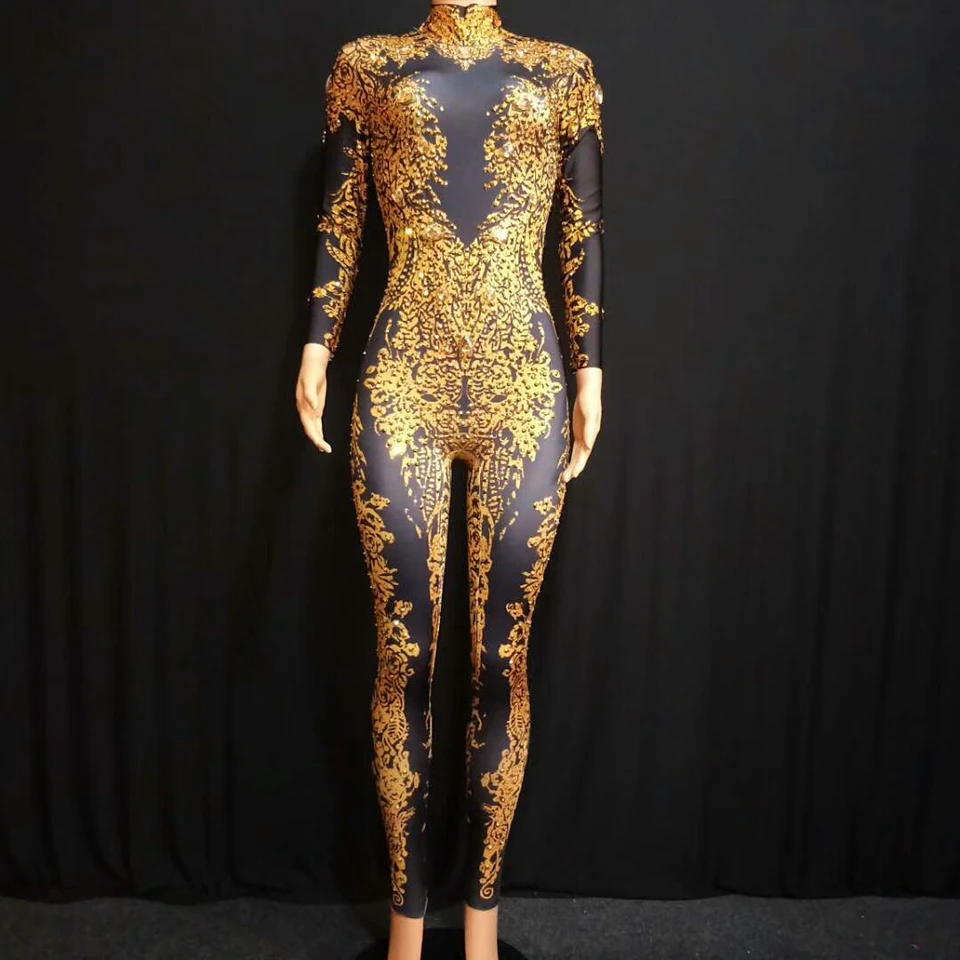 

Women Sexy Golden Rhinestone Jumpsuit Performance Outfit Female Singer Legging Nude Big Crystal Costume Dance Bodysuit Overalls