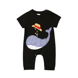 Новорожденных Милый Хлопок детские ползунки Короткий рукав вышивкой одежда с изображением Кита наряд