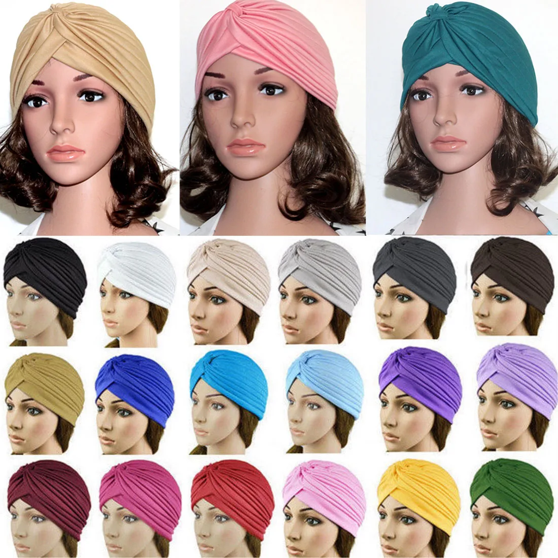 

New Bandanas Headband Stretchy Turban Muslim Hat Headband Wrap Chemo Knotted Indian Cap Adult Headband for Women