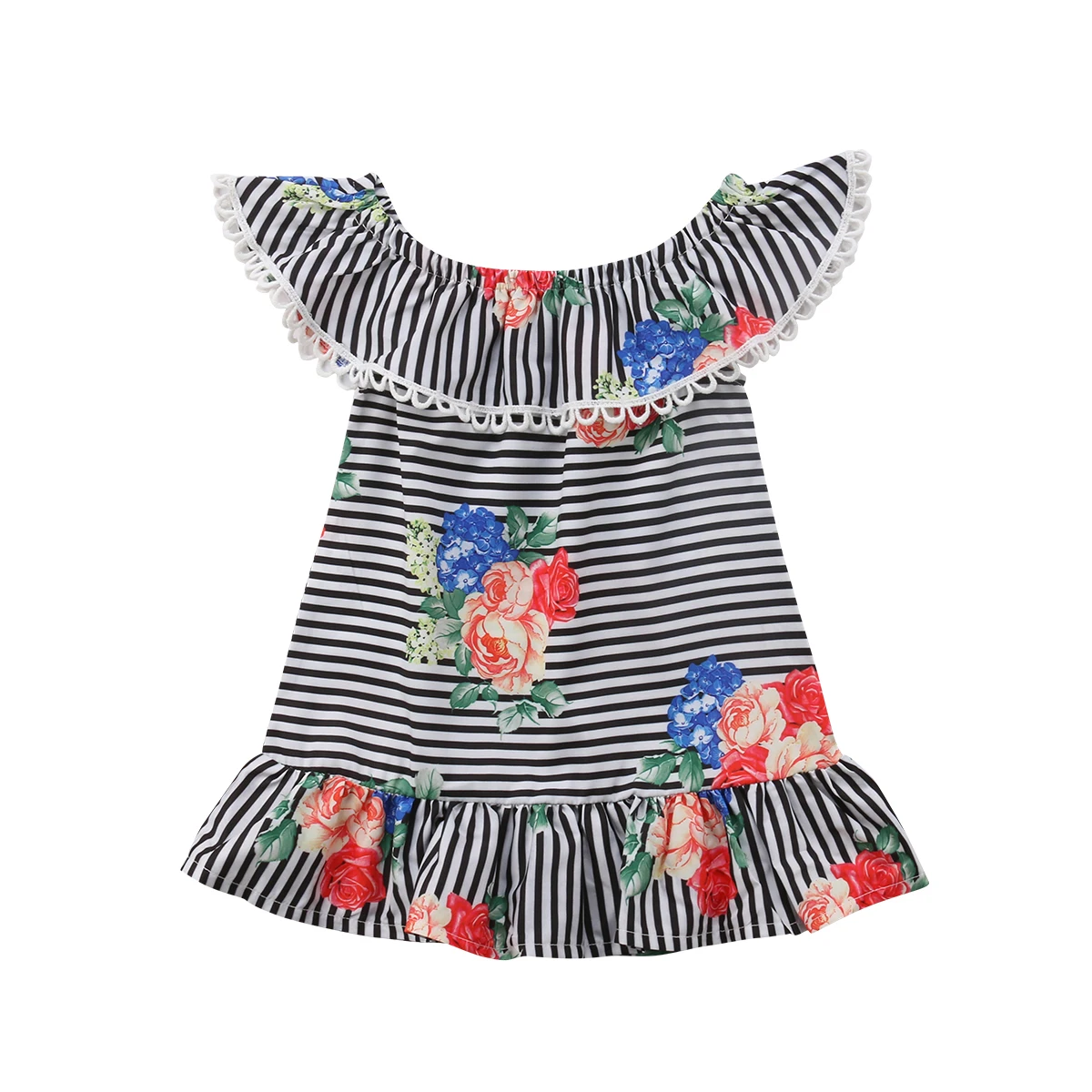 

Emmababy Dress Pretty Toddler Kids Girls Flower Stripe Casual 2018 Summer Off Shoulder Dress Sundress Clothes